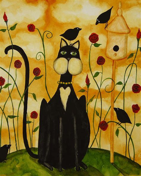 Hubbs Art Folk Prints Whimsical Birds Crow Blackbirds Cat Flowers Floral Roses Painting by Debi ...