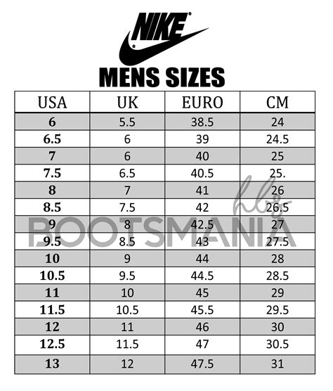 bootsmania size chart nike crop – Bootsmania