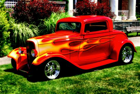 red car with flames of fire | HDR creme