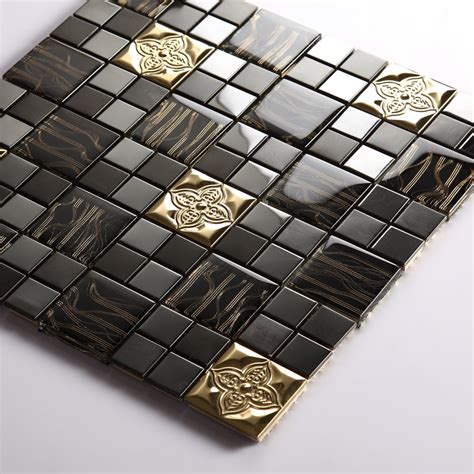 Glass mix Metal Mosaic Tile patterns Metallic Bathroom Wall Tiles black ...