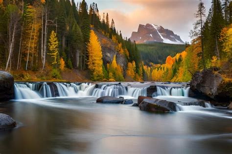 Premium AI Image | a waterfall in the forest with a mountain in the background