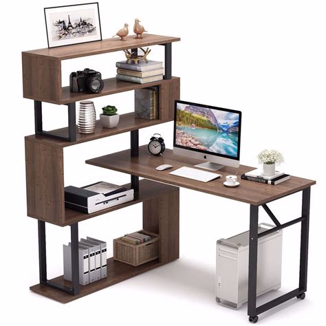 Tribesigns Rotating Computer Desk with 5 Shelves Bookshelf, Vintage Rustic L-Shaped Corner Desk ...