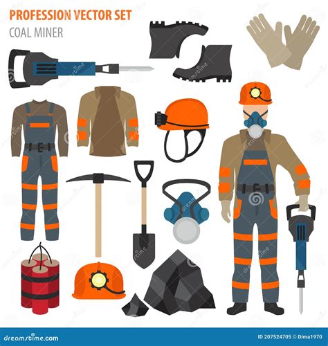 Profession and Occupation Set. Coal Mining Equipment, Miner Tools Flat Design Icon Stock Vector ...