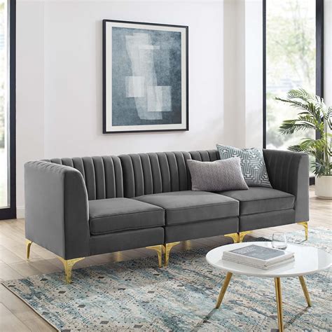 Triumph Channel Tufted Performance Velvet 3-Seater Sofa in Gray - Hyme Furniture