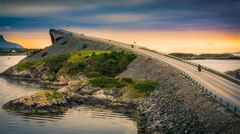 Landscape photography of island concrete bridge, motorcycle, Atlantic Ocean Road, Norway HD ...