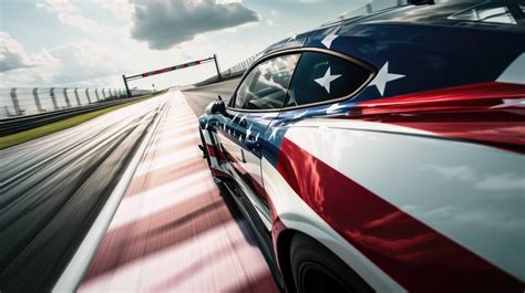 American flag racing car, patriotic car design, race track speed blur, high-speed racing, Stars ...