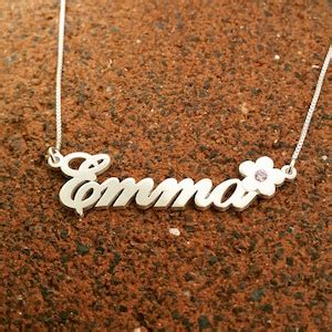 Name Necklace Silver Emma Style Personalized Flower Birthstone Design - Etsy