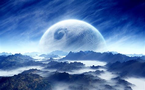 Wallpaper Dream landscape, planet, sky, mountains, clouds, blue, white 1920x1200 HD Picture ...