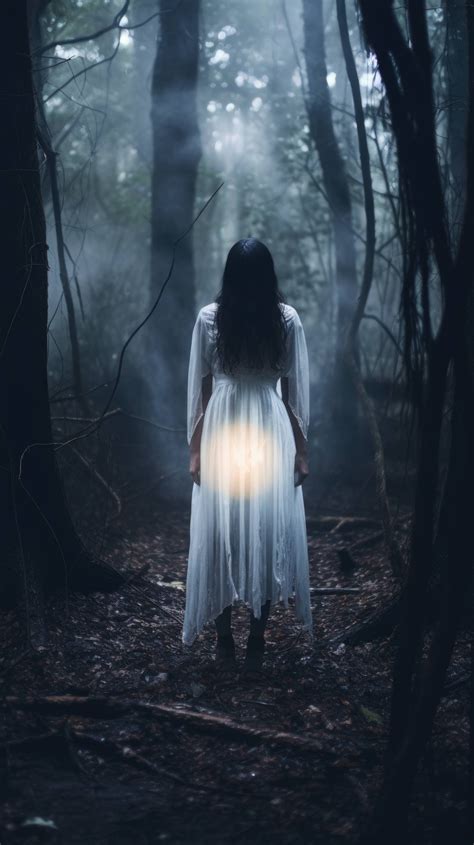 A young girl in a white dress stands alone in a dark forest, her face obscured by long black ...