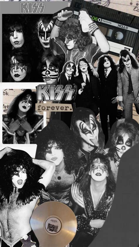 the kiss band collaged together in black and white