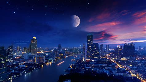 1920x1080 City Lights Moon Vibrant 4k Laptop Full HD 1080P ,HD 4k Wallpapers,Images,Backgrounds ...