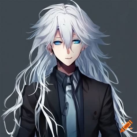 Art of an anime boy with long white hair and blue eyes on Craiyon