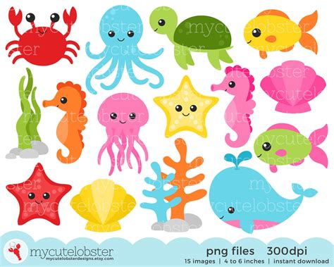 Sea Creatures Clipart Set Sea Animals Clip Art Crab Fish - Etsy