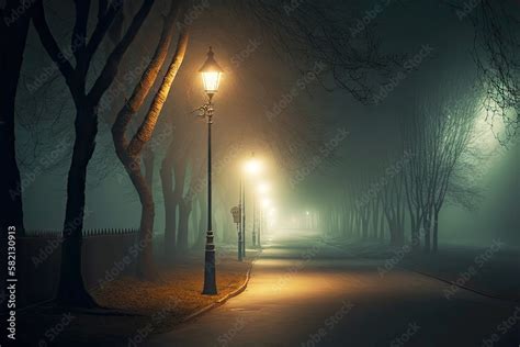 evening foggy street with lit lamp post along road, created with generative ai Stock ...