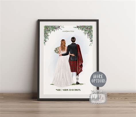 Scottish Wedding Bride & Groom Personalised Print, Groom in Kilt, Scottish Wedding Gift, Groom ...