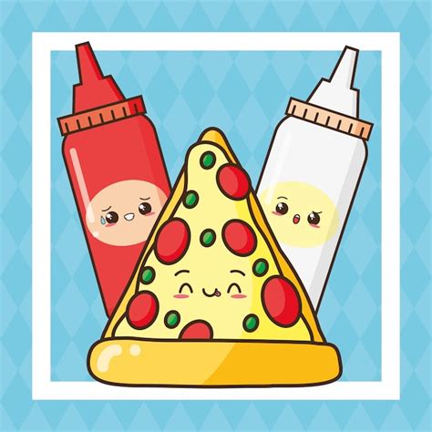 Free Vector | Kawaii fast food cute pizza and sauces illustration