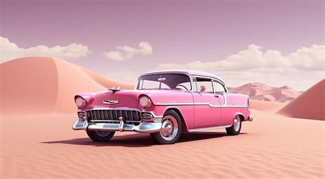 Premium AI Image | classic chevy bel pink car for barbie in desert ...