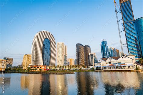 Batumi, Georgia - August 2022: Batumi skyline cityscape with fountain lake, skyscrapers ...