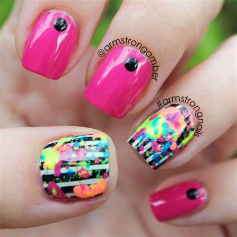 NEON paint splatter nail art w/ stripes - by Amber Armstrong ...