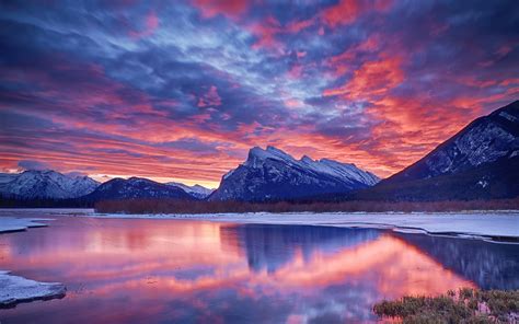 Winter, snow, lake, sky, clouds, sunset, glow, mountain wallpaper | nature and landscape ...