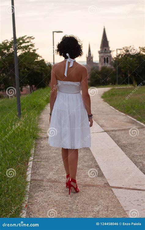 Lady with Short White Dress and Red Shoes with Heels Stock Photo - Image of clear, adult: 124458046