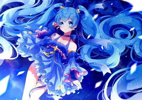 blue hair, Blue eyes, Vocaloid, Hatsune Miku, Blue dress, Twintails, Anime, Anime girls ...