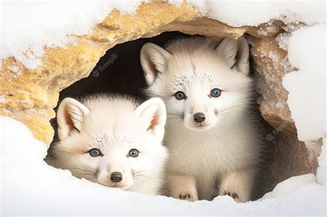 Premium Photo | White fluffy arctic fox cubs peeking out of den in snow