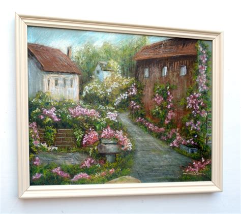 Rose Garden Landscape Oil and pastel Painting Framed Signed Country co – GalleryThane