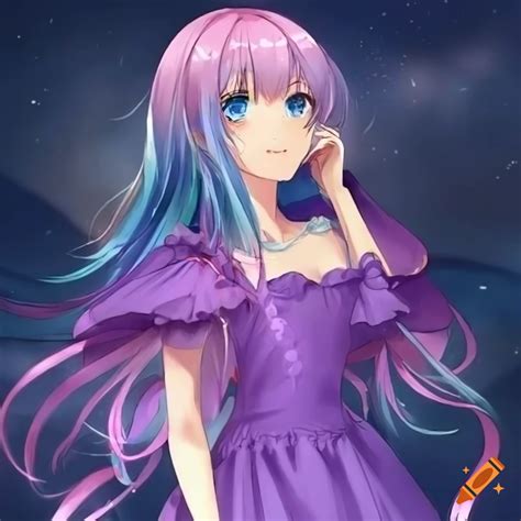 Anime girl with pink and blue hair, blue eyes, long violet dress on Craiyon