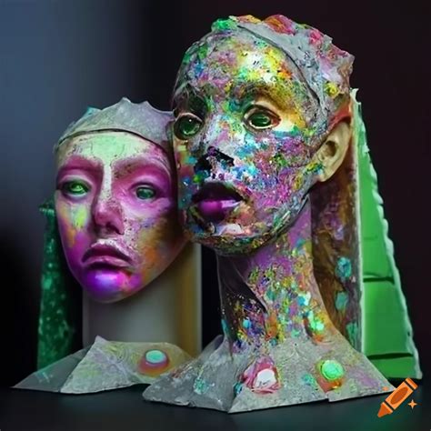 Sculpture of colorful origami figures with intricate details