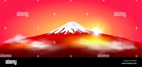 Silhouette Fuji mountain at sunrise. Fuji against the red sky and the rising sun. Landscape ...