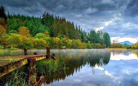 HD wallpaper: landscape, nature, dock, lake, forest, dark, clouds ...