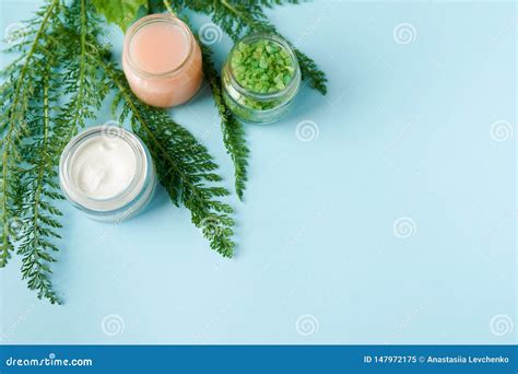 Image of Cosmetics Ingredients on Blue Background with Copy Space. Skincare Theme Stock Image ...