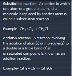 Define substitution and addition reaction. Give an example for each.