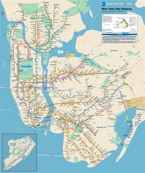 New York City subway (metro) map with bus and railroad connections (underground, tube) - New ...