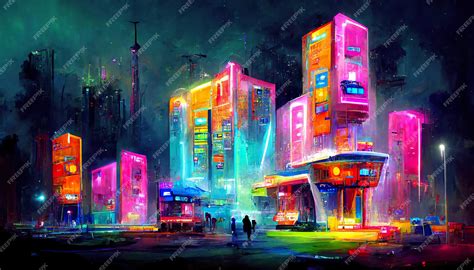 Premium Photo | Colorful futuristic city concept art illustration