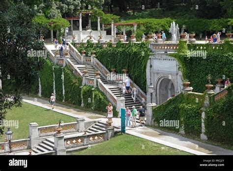 TRIESTE, ITALY - JULY 8 2018: People in the Miramare Castle gardens ...