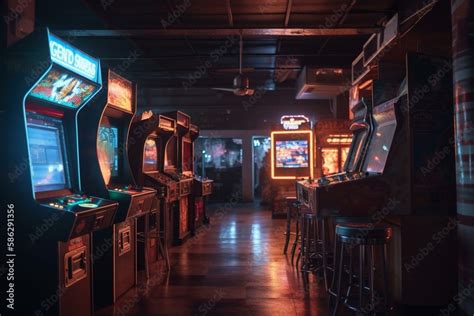 A retro arcade with neon lights and classic games Generative AI Stock Illustration | Adobe Stock