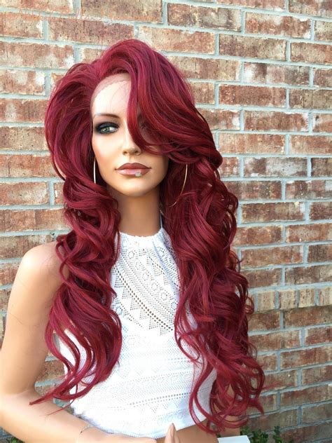 CRIMSON Burgandy Red Body Curls Multi Parting Blended Human Hair Lace Front Wig 24' Lace front ...