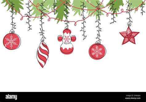 Christmas vector color border. Xmas decorations, christmas tree toys background. Seamless vector ...