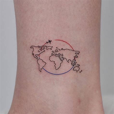 Fine line around the world tattoo on the ankle