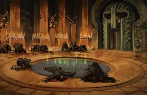 an animated scene with several people sitting on the floor in front of a large fountain