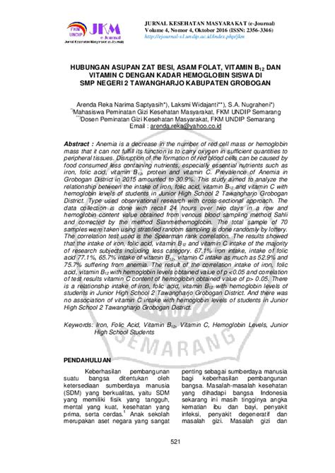 (PDF) Hubungan Asupan Zat Besi, Asam Folat, Vitamin B12 Dan Vitamin C Dengan Kadar Hemoglobin ...