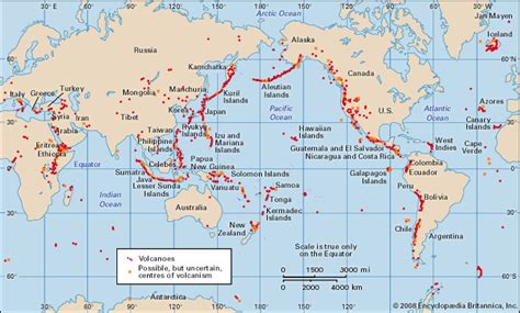 map of active volcanoes and thermal fields - Students | Britannica Kids | Homework Help