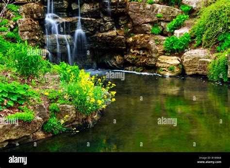 Cascading waterfall and pond in japanese garden Stock Photo - Alamy