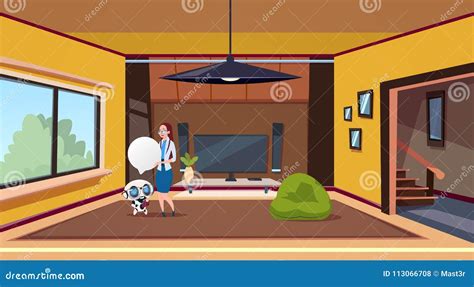 Woman with Robot Housekeeper in Modern Living Room Interior Stock ...