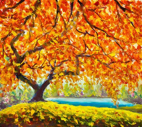 Big autumn tree near the river Gold, red, orange autumn leaves. Handmade Oil Painting Autumn art ...