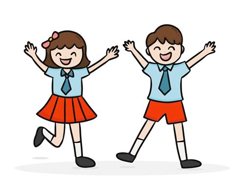 two happy kids, boy and girl student in elementary school uniform. Back ...