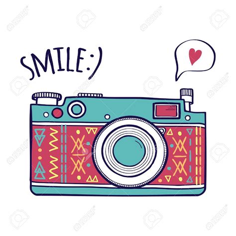 Vector illustration with cute retro photo camera, typography phrase "Smile" with speech bubble ...