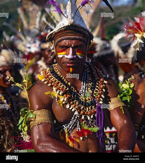 Male tribesman from Papua New Guinea in traditional dress and highly made up with painted face ...